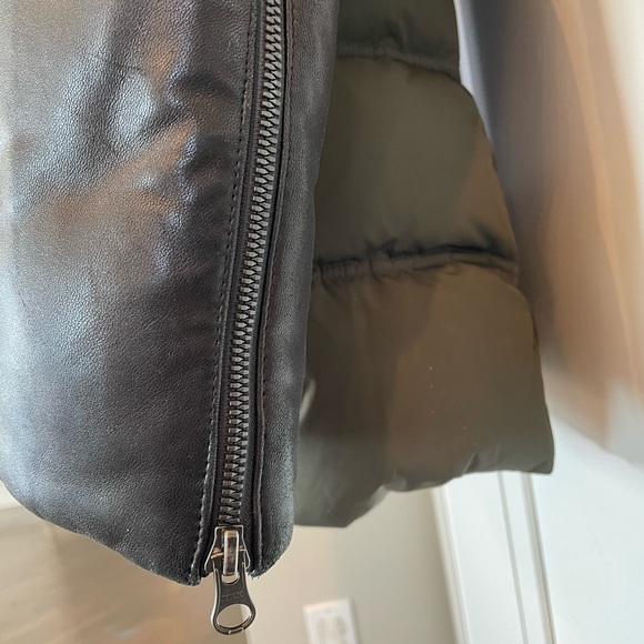 Olive Green Down puffer with black Leather sleeves and detachable fur hood. - Picture 3 of 9